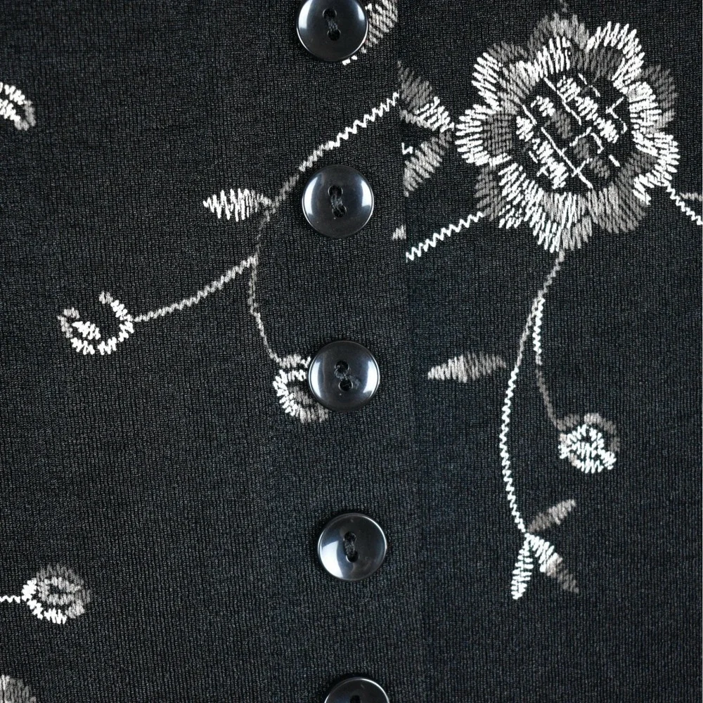 Vintage 90s Floral Midi Skirt Womens S Black Button Down Slinky Drapey Romantic